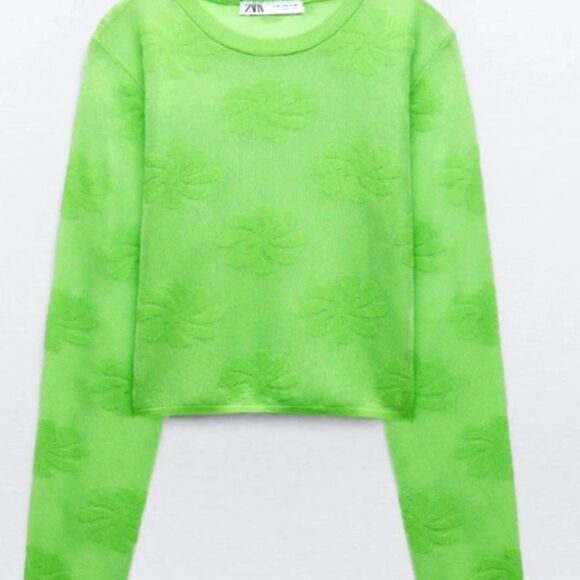 ZARA Mesh Floral Knit Metallic Effect Long Sleeve Neon Green 💚 Top NWT - Picture 11 of 11